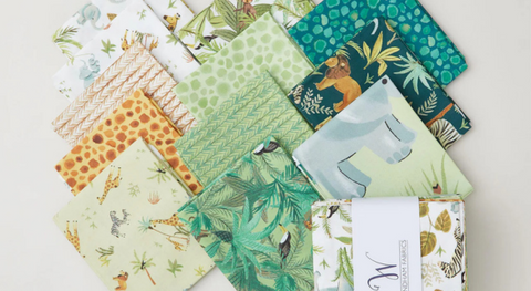 a selection of fat quarter fabrics from the King of the Jungle fabric collection.