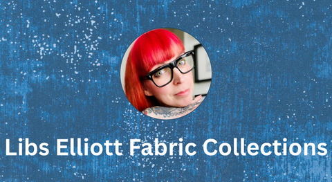small round image of Libs Elliott with vibrant red hair and black glasses against a textured blue fabric from her Glaze collection.