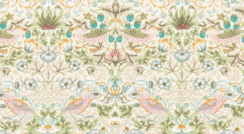Green and orange birds surrounded by green and orange flowers on a white background. 