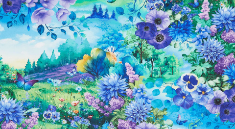 Purple and blue flowers with purple and blue butterflies on a green garden background. 