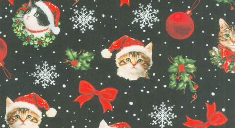 Cats in Santa hats among holiday motifs on a black background.