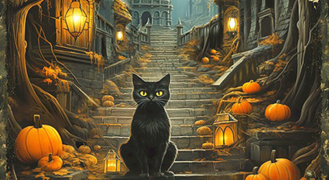 Panel of a black cat among pumpkins on steps, with a haunted house in the background. 