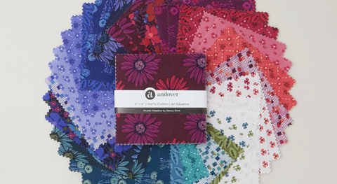 Single Scoops (5" Squares) of deep-colored floral and geometric prints from the Mystic Meadow fabric collection.