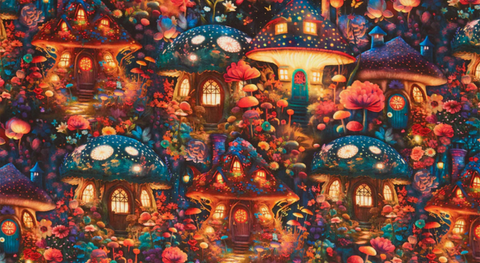 quilt fabric print with Mushroom houses aglow at night amidst forest treasures from the Night Fable fabric collection.
