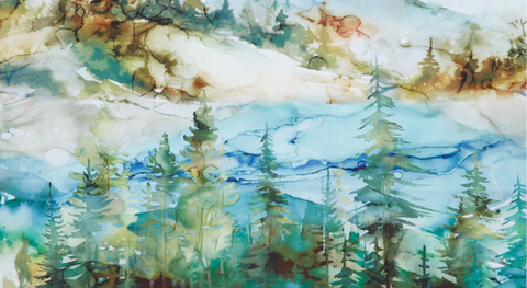 Fabric by the yard featuring Painted mountain scene with a row of evergreen trees and majestic peaks from the Great Outdoors fabric collection by Northcott.
