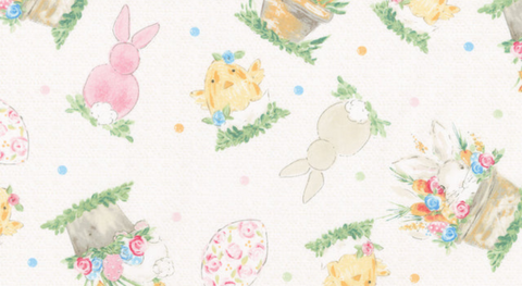 The Peek a Boo Bunnies collection features sweet Easter fabric prints featuring bunnies, easter baskets, flowers, easter eggs, and more.