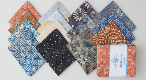 a selection of fat quarter prints from the quentin batiks fabric collection.