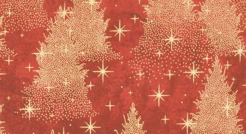 Gold evergreen trees on a red background with metallic accents.