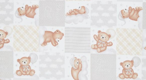 Gray, oatmeal, and white patchwork design with sleepy bears from the Sleepy Teddy fabric collection.