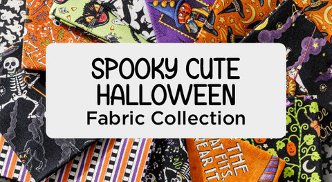 Fat quarter bundle of Halloween prints in orange, black, purple, green, and white from Mary Engelbreit's Spooky Cute Halloween fabric collection.