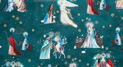 Cotton quilting fabric featuring nativity scenes and gold stars on a teal background. 