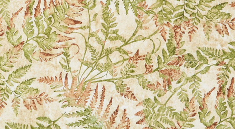 Cotton quilt fabric with green and brown ferns on a beige background.