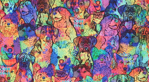Multicolored rainbow dogs packed together
