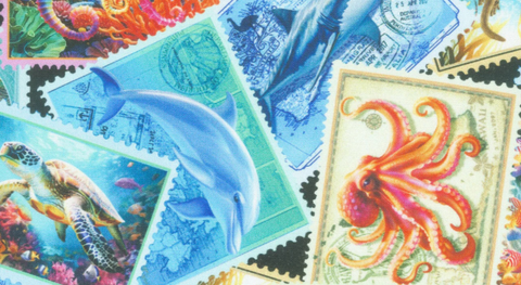 Stamps of sea creatures packed together.