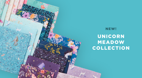 Shop the Unicorn Meadow Fabric Collection in precuts and yardage while supplies last.