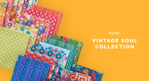 Shop the bright, groovy prints in the Vintage Soul fabric collection while supplies last!!