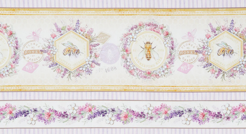 Stripes of bees and floral vines in a yellow and lavender palette.