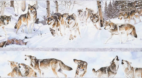 Border stripes of wolves against a snowy, light blue background from the wild at heart fabric collection.