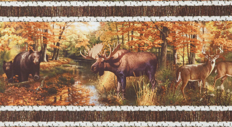 Border stripe with realistic bears, deer, moose, and nature scenes.