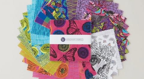 Charm pack of funky, colorful prints featuring geometric designs and natural elements from the Winding Road fabric collection.