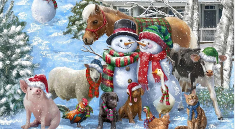 Puff panel of cotton quilting fabric featuring snowmen and animals in a wintery farmyard, printed with Puff for 3D textured snow effect.