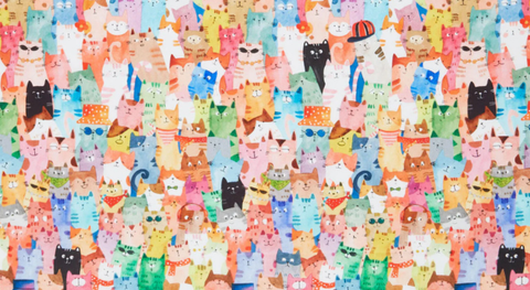 Colorful cartoon cats layered on top of each other with accessories.