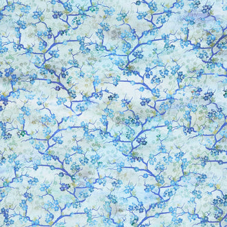 Oriental Gardens - Cherry Blossoms Blue Digitally Printed Yardage