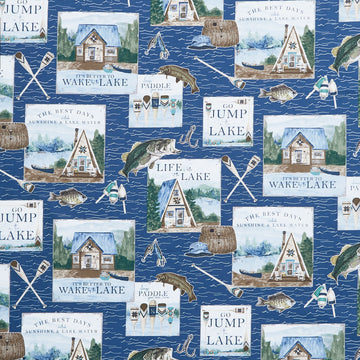 Wake at the Lake - Fishing Cabin Main Navy Yardage Primary Image