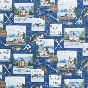 Wake at the Lake - Fishing Cabin Main Navy Yardage Primary Image