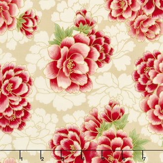 Imperial Collection 13 - Black Large Peonies Red Metallic Yardage