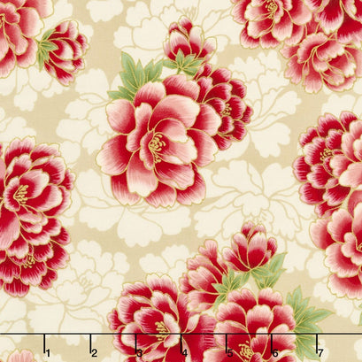 Imperial Collection 13 - Black Large Peonies Red Metallic Yardage