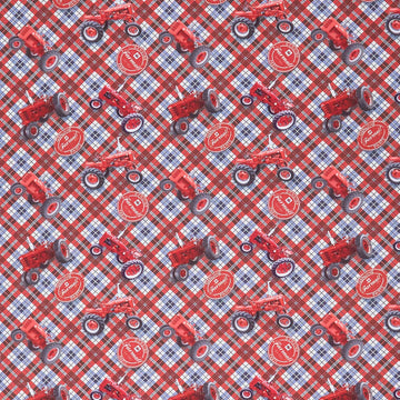 Farmall - Patriotic - Tractors Tossed on Plaid Red Yardage Primary Image