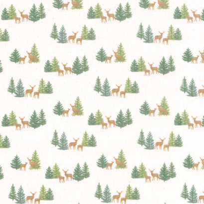 Woodland Winter - Tiny Tree & Deer Snowy White Yardage
