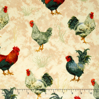 French Roosters - Main Print Cream Yardage