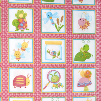 Cuddle Bugs - Bugs in Squares Pink Flannel Yardage