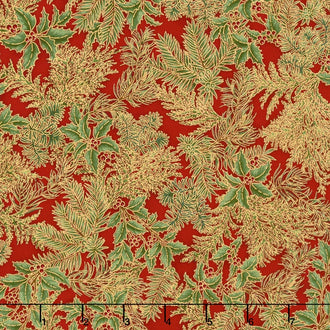 Holiday Flourish 10 - Holiday Holly Sprigs Crimson Metallic Yardage