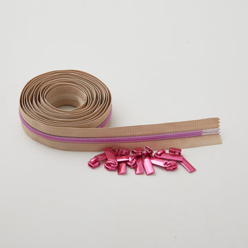 Sallie Tomato Tula Pink #5 Nylon Zipper Tape & Pulls - Beige with Pink Coil Alternative View #1