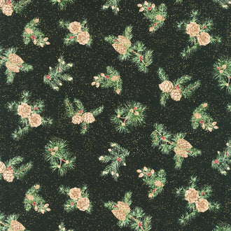 Winter In The Pines - Pine Cones Black Metallic Yardage