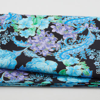 Opulent Floral - Flowery Scroll Blue Metallic 2 Yard Cut