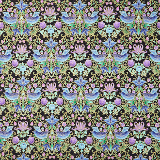 Luminous - Floral With Birds Blue Metallic Yardage