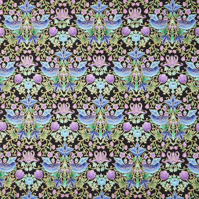 Luminous - Floral With Birds Blue Metallic Yardage