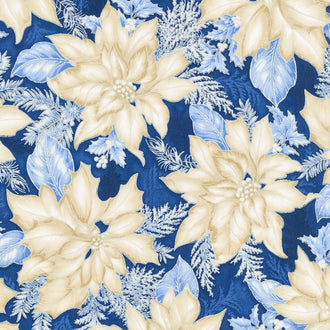 Holiday Flourish 10 - Blue Large Poinsettias Indigo Metallic Yardage