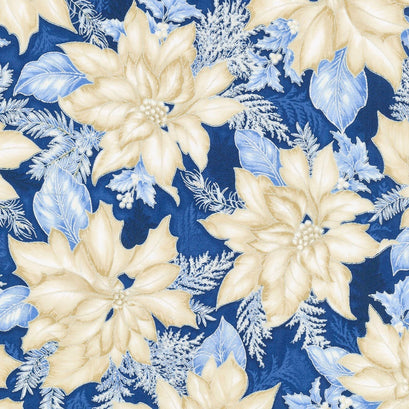 Holiday Flourish 10 - Blue Large Poinsettias Indigo Metallic Yardage