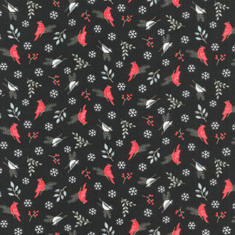Woodland Winter - Winter Birds Charcoal Black Yardage