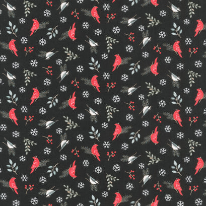 Woodland Winter - Winter Birds Charcoal Black Yardage