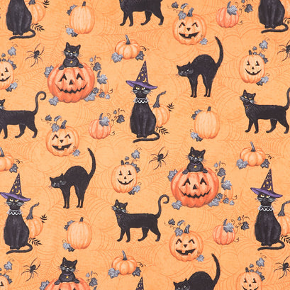 Meow-Gical Night - Cats and Pumpkins Orange Yardage