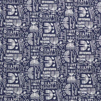 Hanukkah - Menorah & Happy Hanukkah Text Navy Yardage