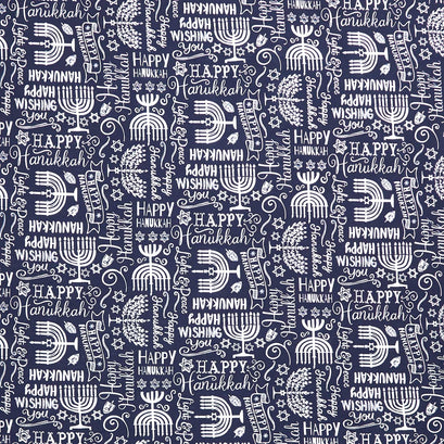 Hanukkah - Menorah & Happy Hanukkah Text Navy Yardage