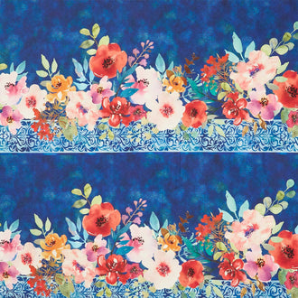 Glorious Garden - Floral Border Blue Yardage