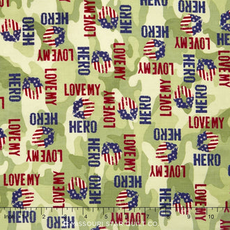 Love My Hero - I Love My Hero Words Light Olive Yardage